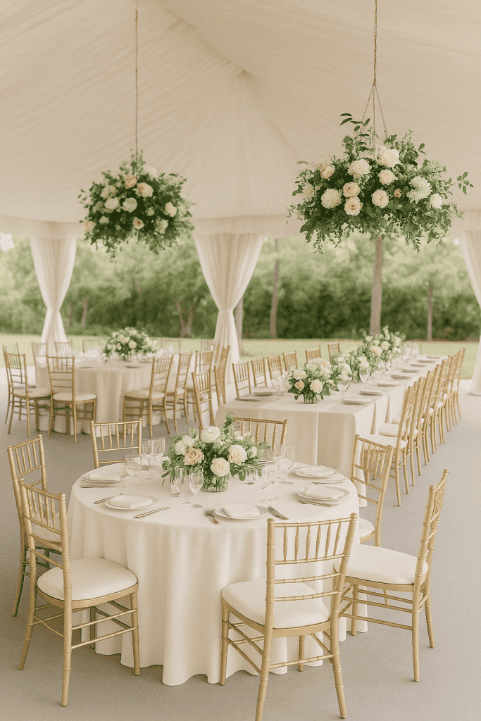Elegant outdoor wedding event setup with floral centerpieces and draped tent canopy.