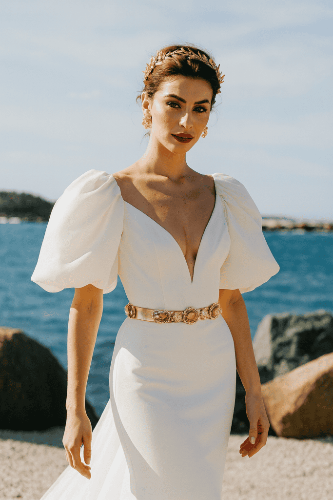 Elegant bride in white wedding dress with puff sleeves by the seaside during daytime.