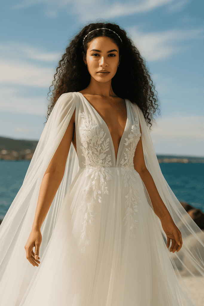 Elegant wedding dress with floral embroidery on a beach backdrop.
