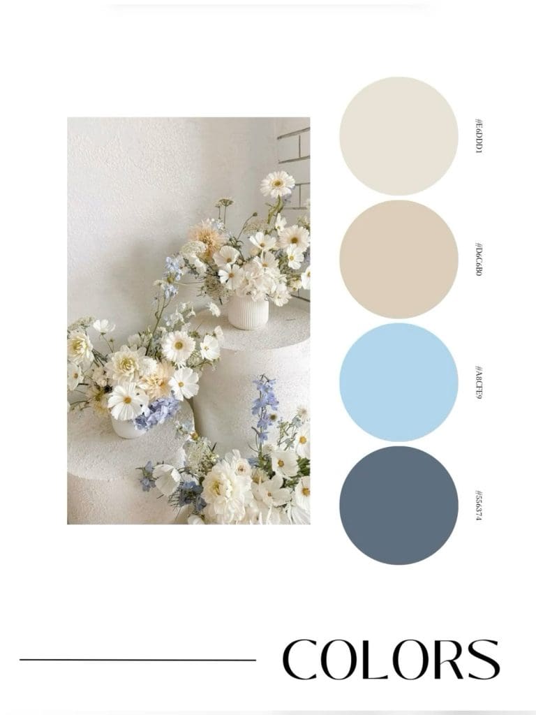 White and pastel flowers in vases with a soft color palette.