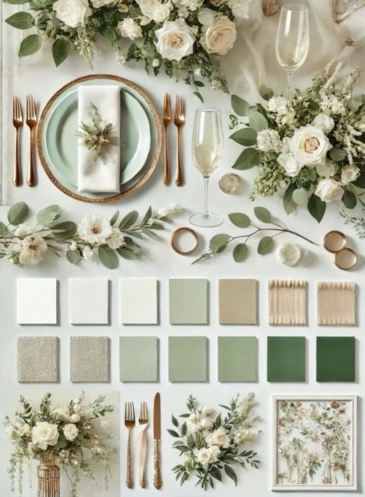 Elegant wedding table setting with floral arrangements and color palette for event planning.