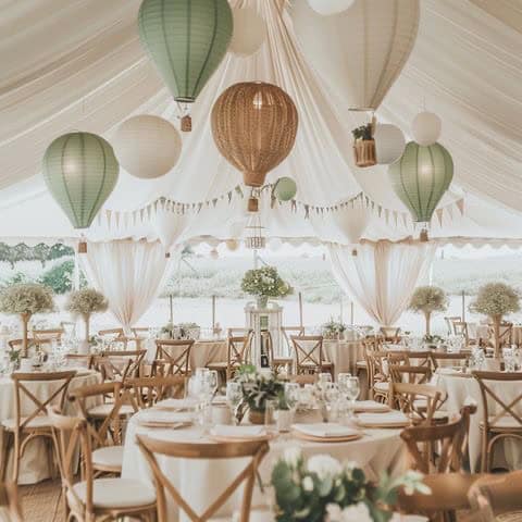Colorful lanterns hanging in an elegant event tent with decorated tables for a wedding or celebration.