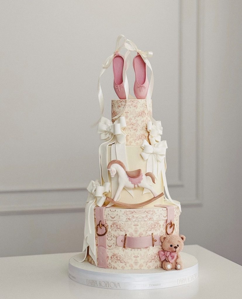 Ballet shoes and teddy bear-themed celebration cake for a girl’s birthday or special event.