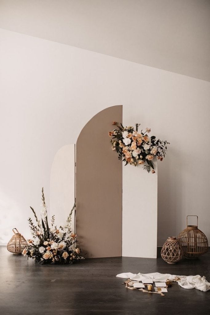 Elegant floral arrangement for event decor with neutral tones and natural accents.