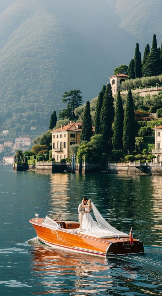 Lakeside wedding couple in a boat with scenic Italian lakeview and lush green hills.