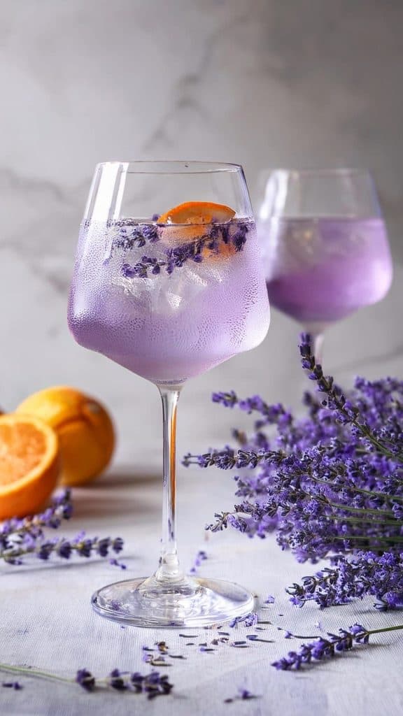 Refreshing lavender cocktail with orange slice, served in elegant glass, surrounded by lavender flowers and citrus fruits.