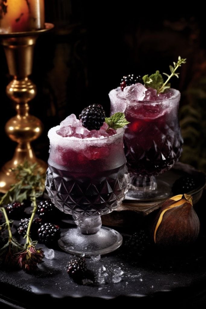 Blackberry cocktails with ice and fresh garnish in elegant glassware, perfect for upscale events.