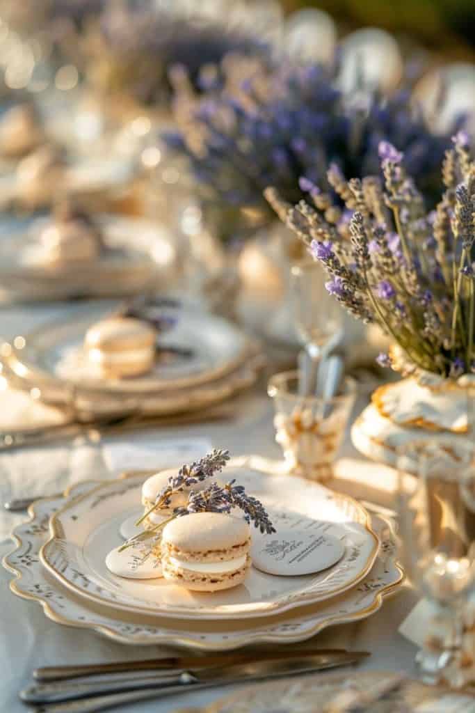 Lavender decor, elegant table setting with macarons and floral arrangements at outdoor event.