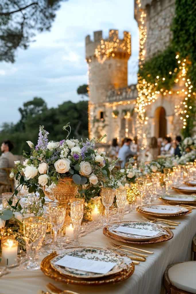 Elegant outdoor wedding table with floral centerpiece and romantic castle backdrop illuminated by fairy lights.