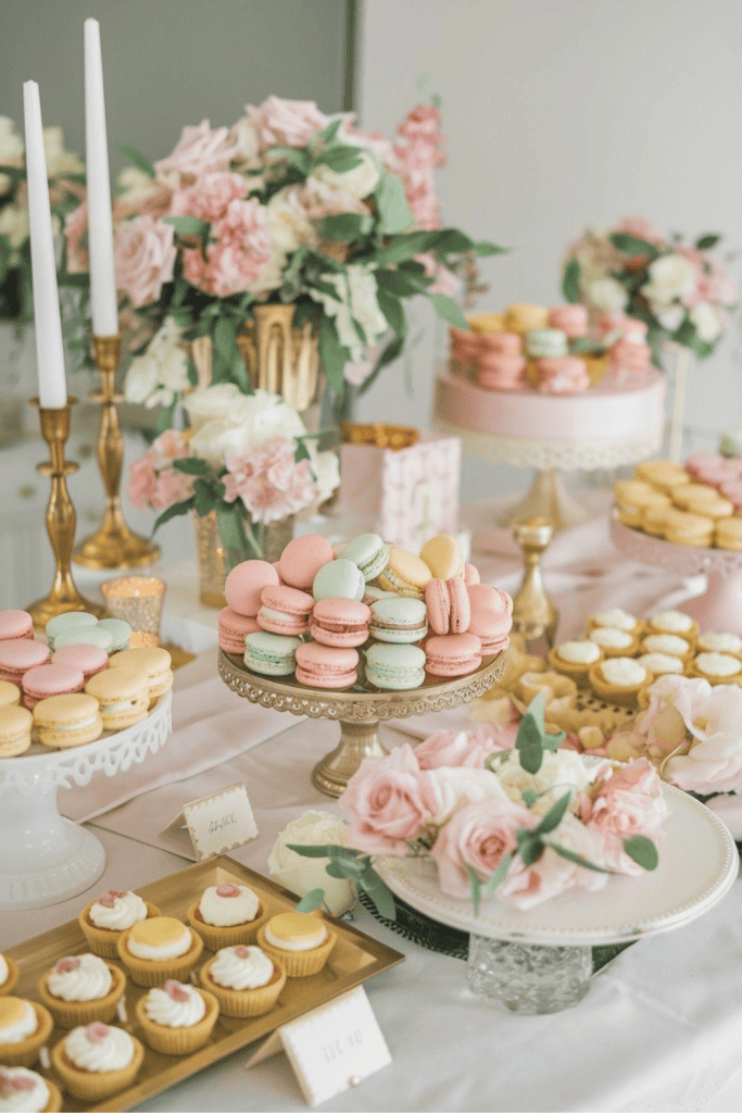 Elegant floral and dessert table with pastel macarons, cupcakes, and roses for upscale event or celebration.