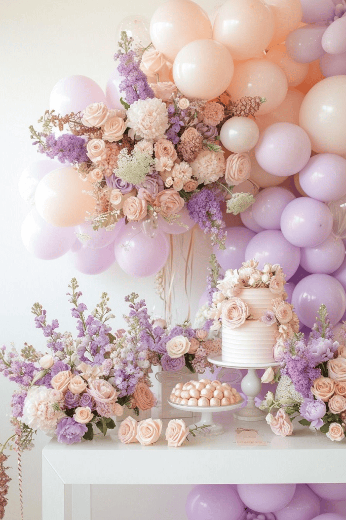 Elegant pastel balloon and flower arrangement for special events and celebrations.